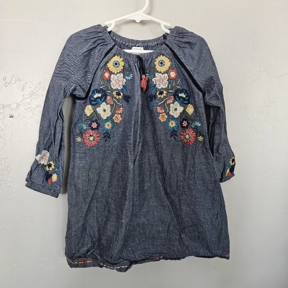 Mud Pie Toddler Girl 5T Chambray Denim Dress Floral Embroidery Boho Long Sleeve